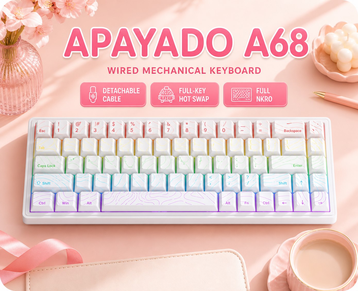 Gaming Keyboard Blue Switches - APAYADO A68 유선 기계식 키보드 핫스왑